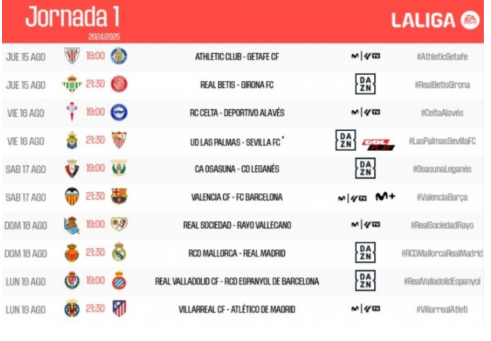 2024-25赛季西甲首轮开球时间公布：巴萨客战瓦伦西亚，皇马对阵马洛卡